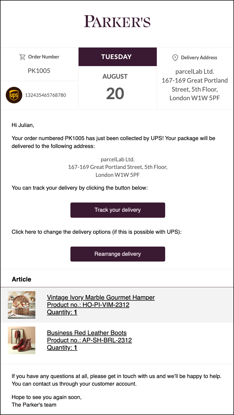 Dispatch/shipping confirmation email Out for delivery today email example with link to order status page and order summary