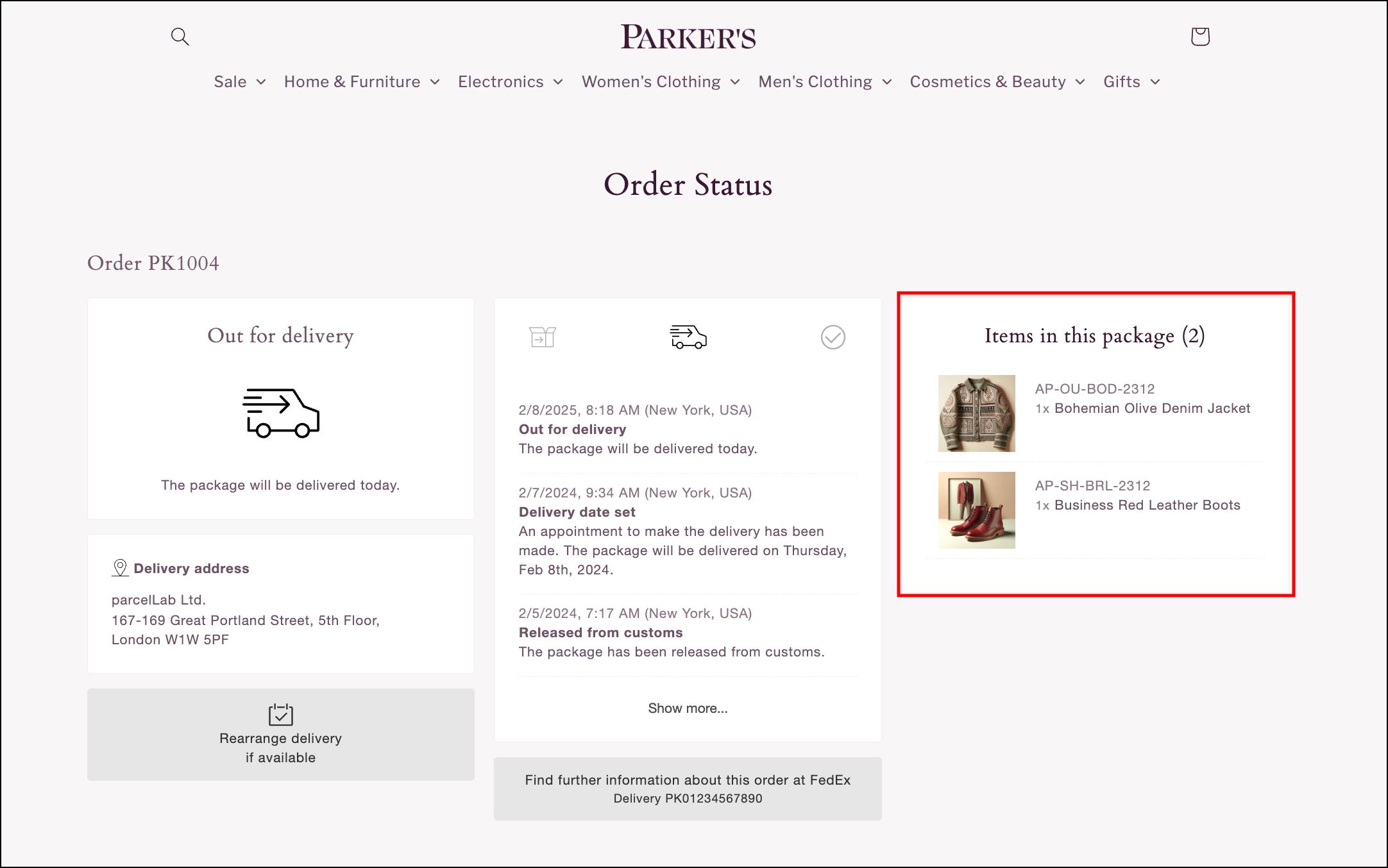 Order status page with order summary