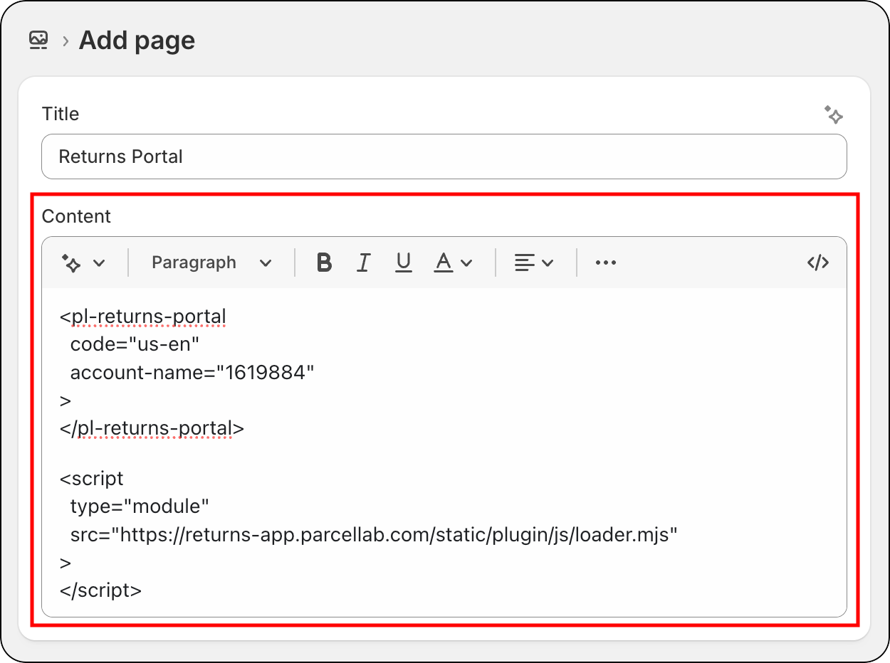 Tracking HTML code snippet for the returns portal with the returns portal code and parcelLab User ID entered