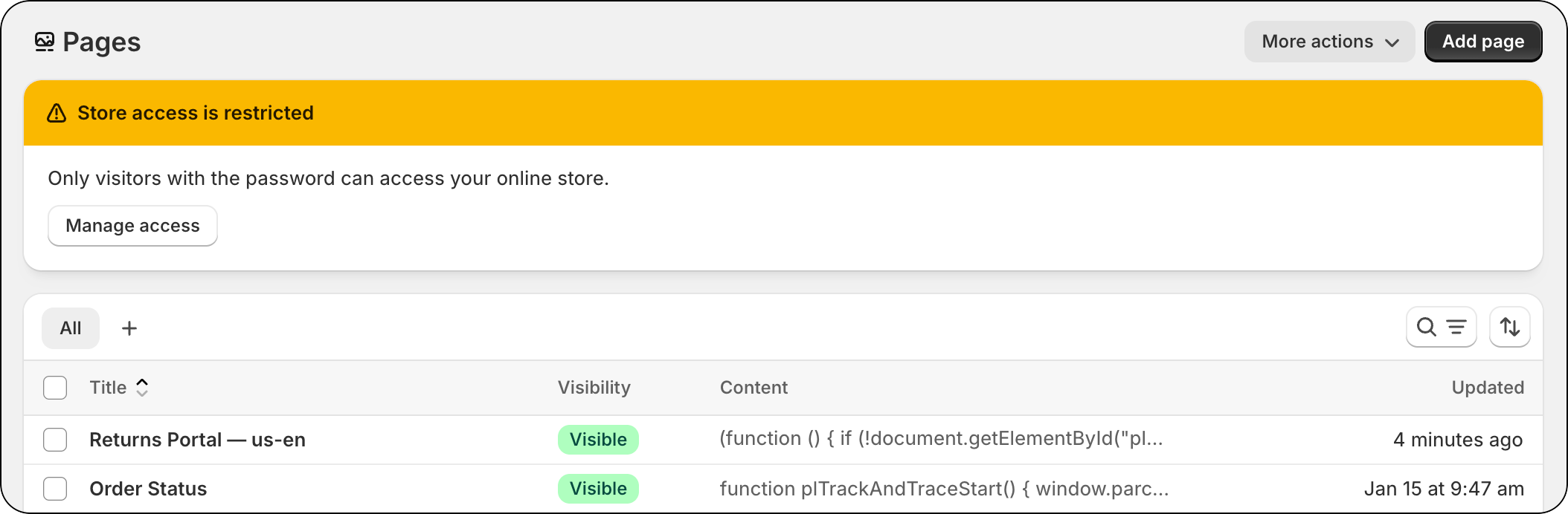 Configured pages list