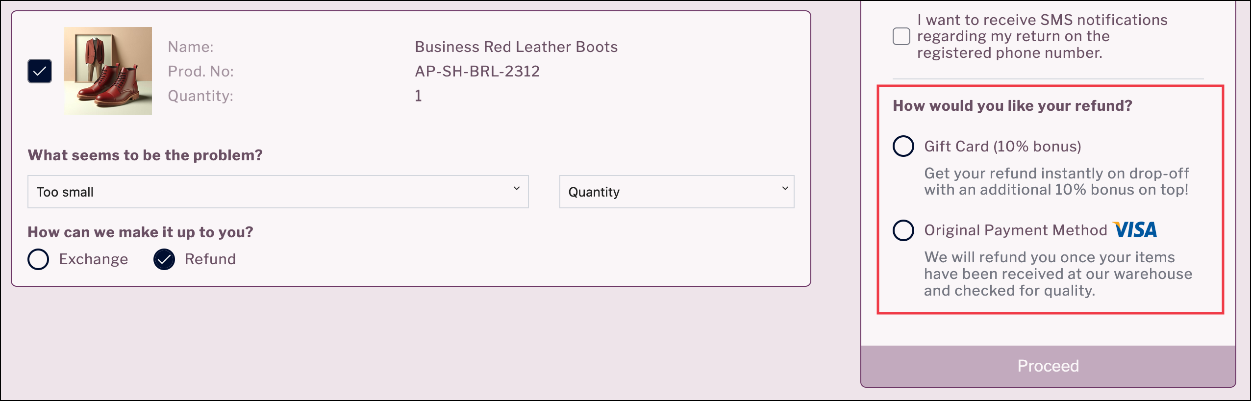Refund options highlighted with refund payment provider displayed next to original payment method option