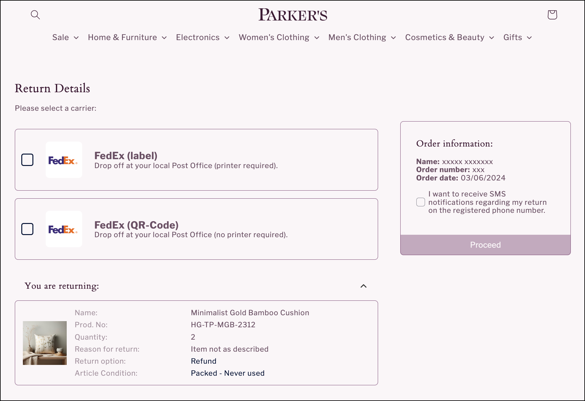 Carrier selection page with a list of carrier options and a summary of items registered for return.