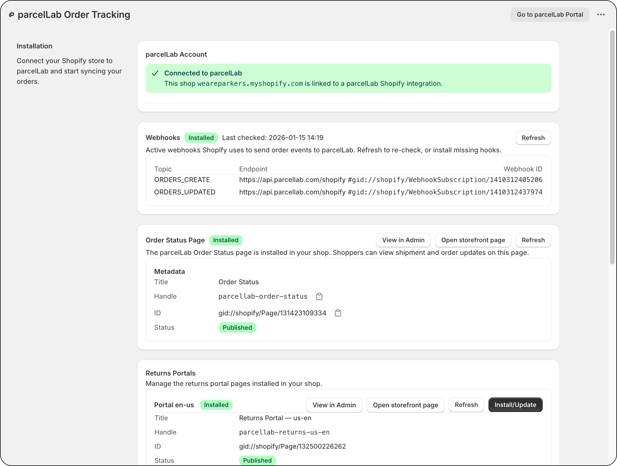 parcelLab Order Tracking Settings page showing successful connection of account, order data, order status page and returns portal
