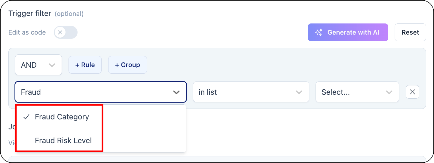 Fraud Risk Level and Fraud Category filter fields