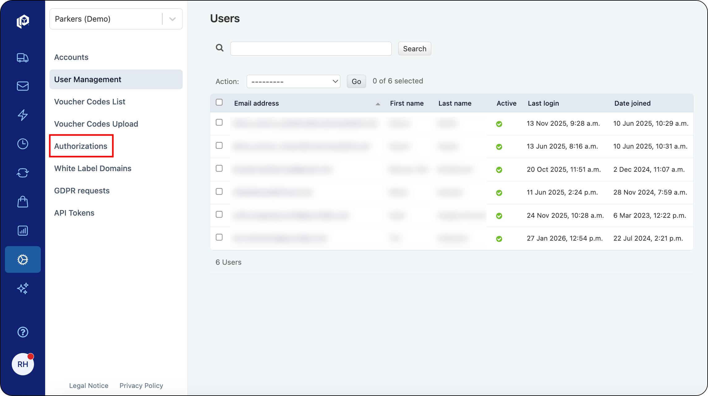 Authorizations option highlighted in the Admin navigation pane