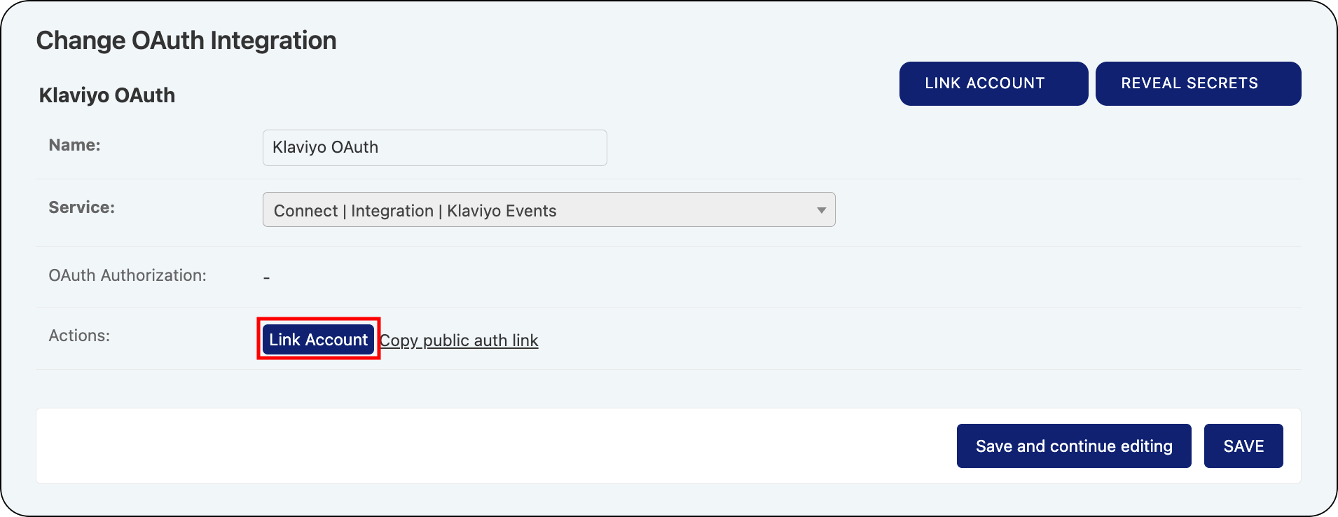 Link Account button highlighted on Klaviyo OAuth integration page
