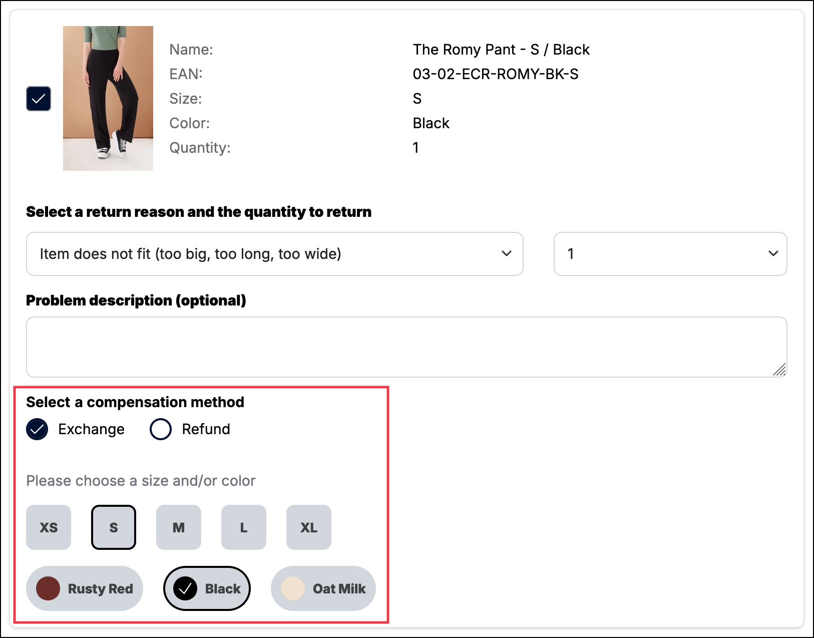 Exchange option selected with available size and color options displayed