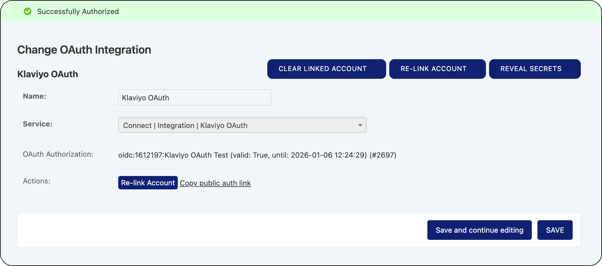 Klaviyo OAuth integration connected