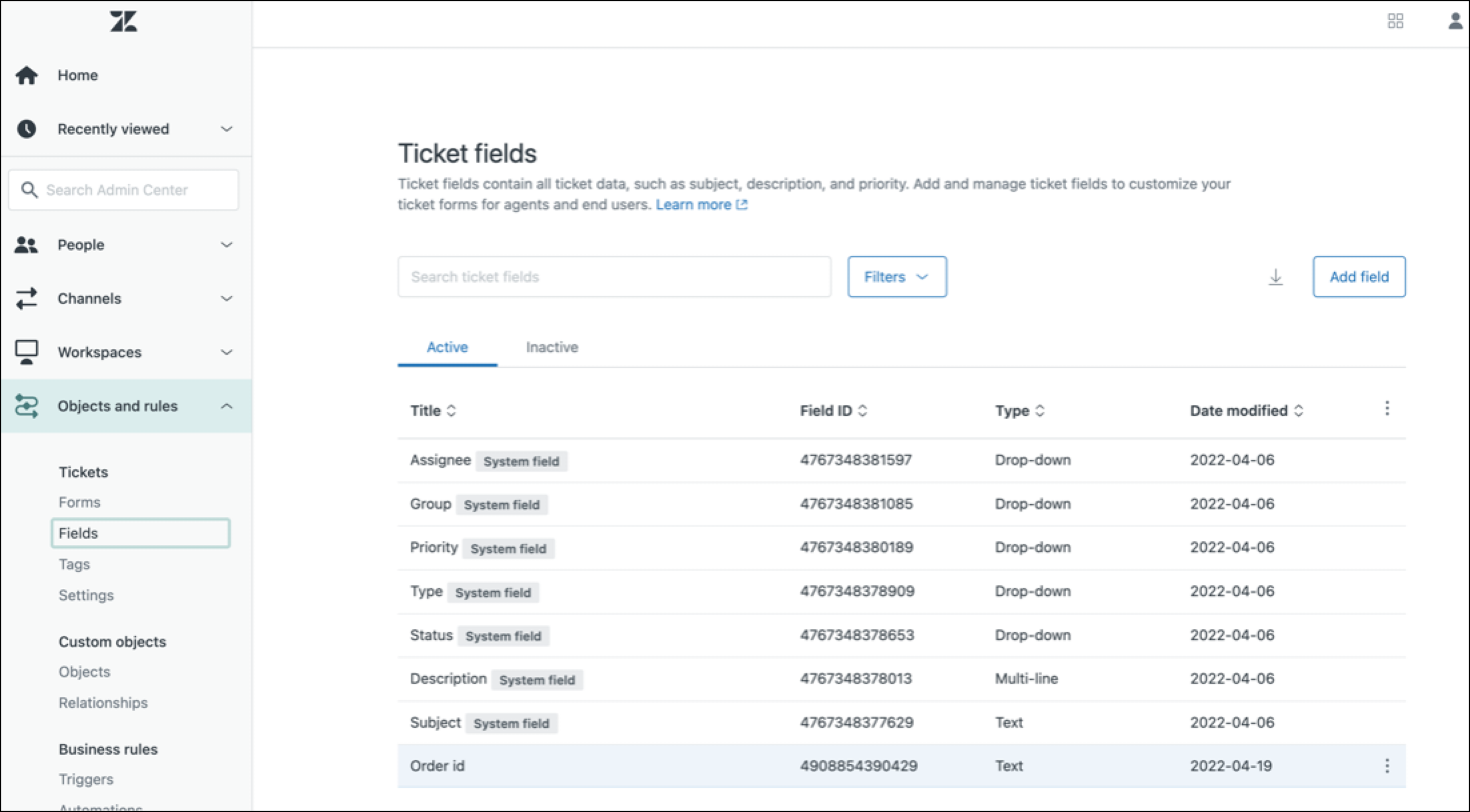 Ticket fields page