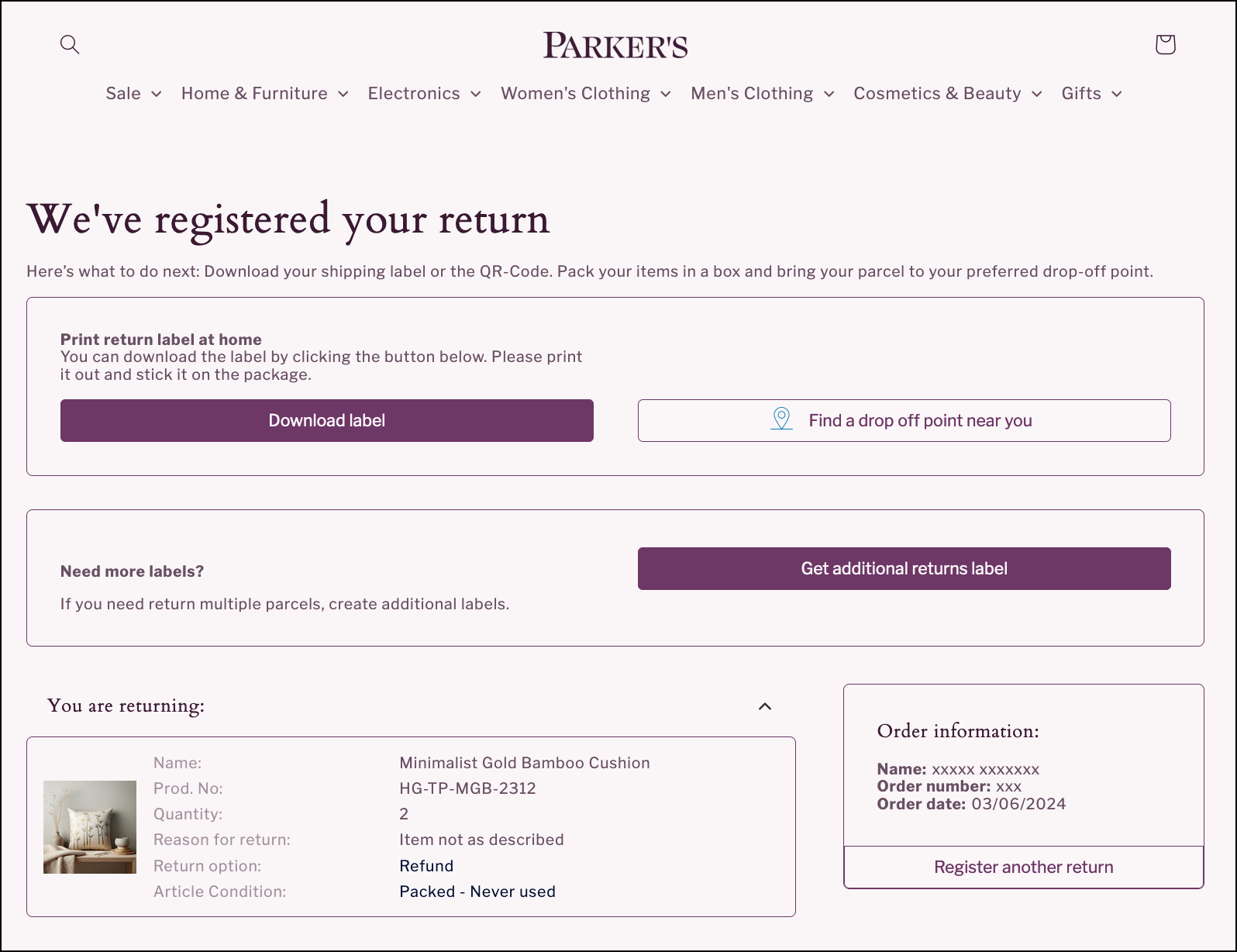 Return confirmation page with downloadable label, drop-off location finder, and return summary.