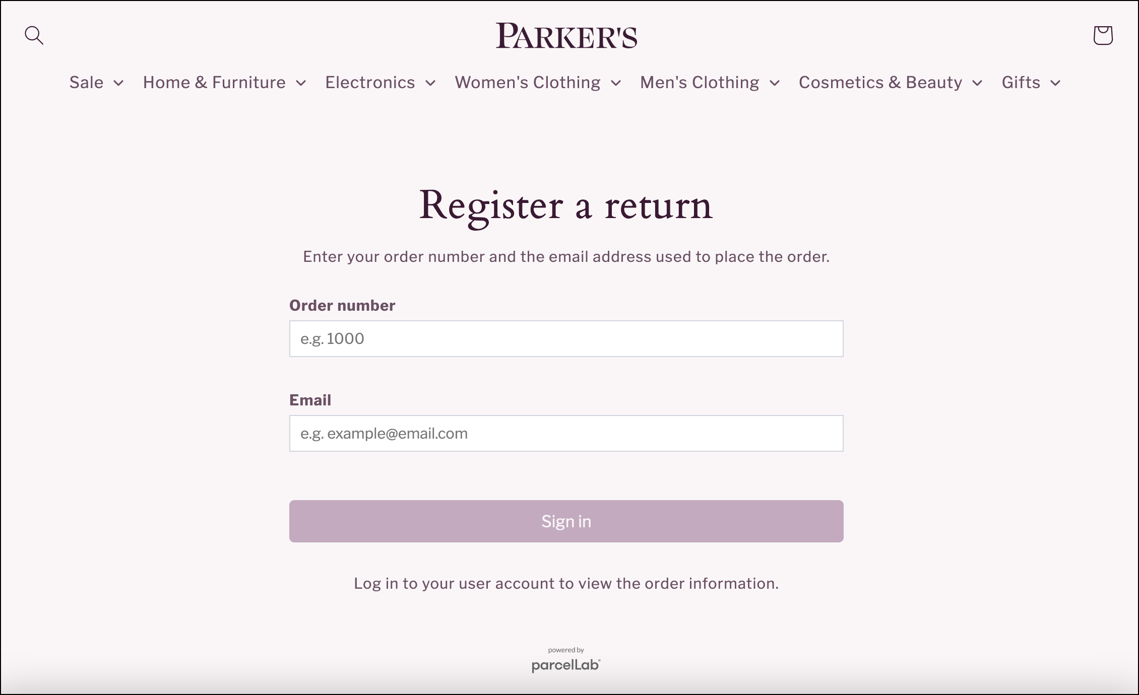 Returns Portal login form with an order number field and email field.