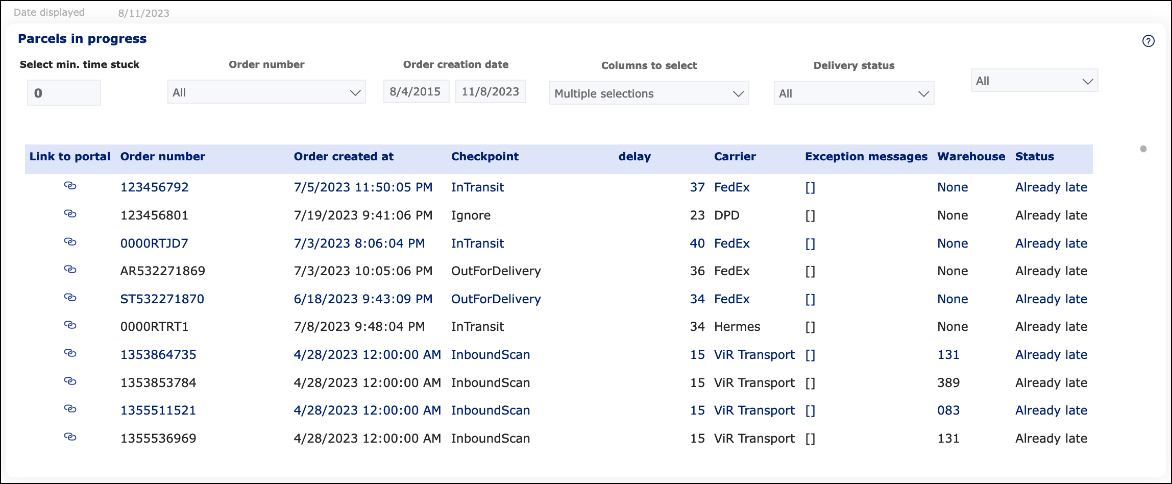 Parcels in progress table