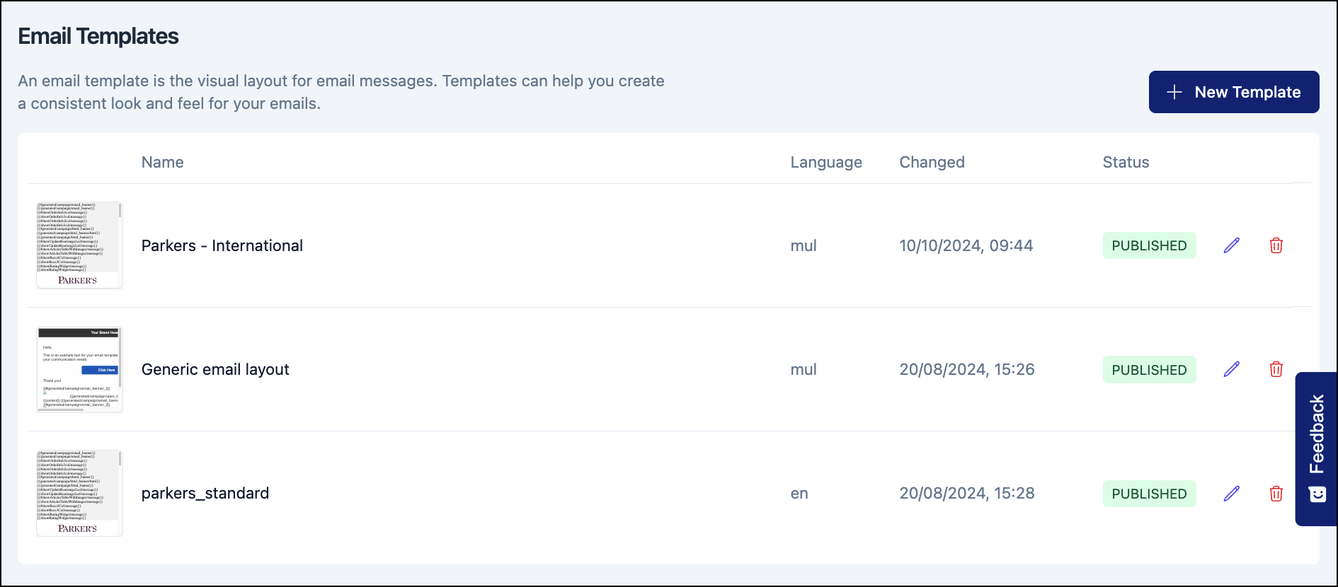 Email templates list