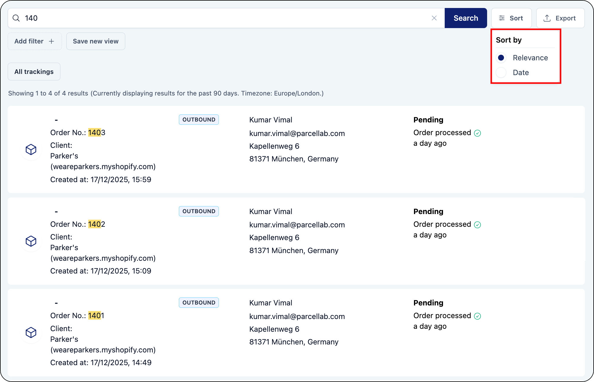 Tracking search results with sort options highlighted