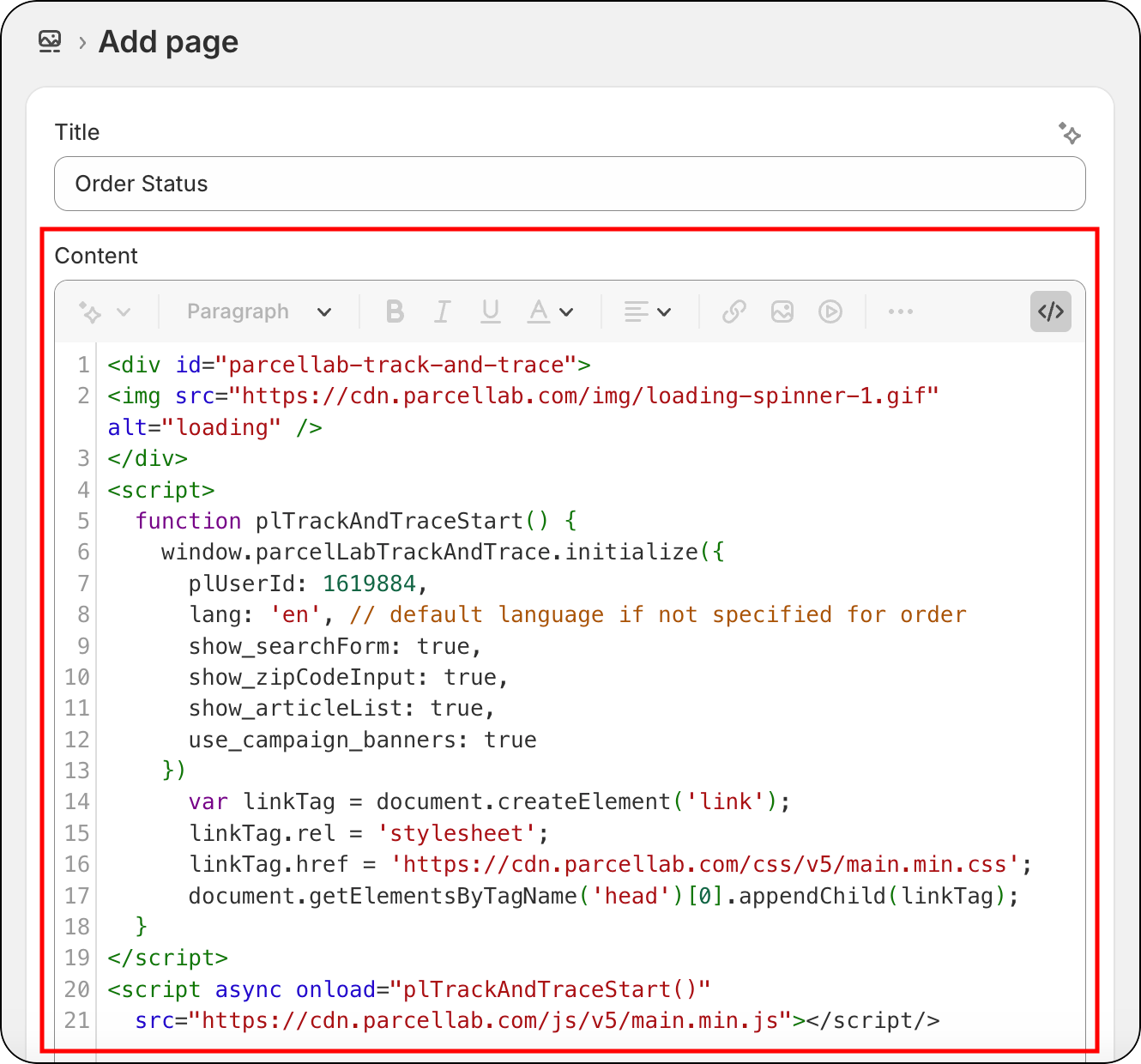Tracking HTML code snippet for the order status page with the parcelLab User ID entered