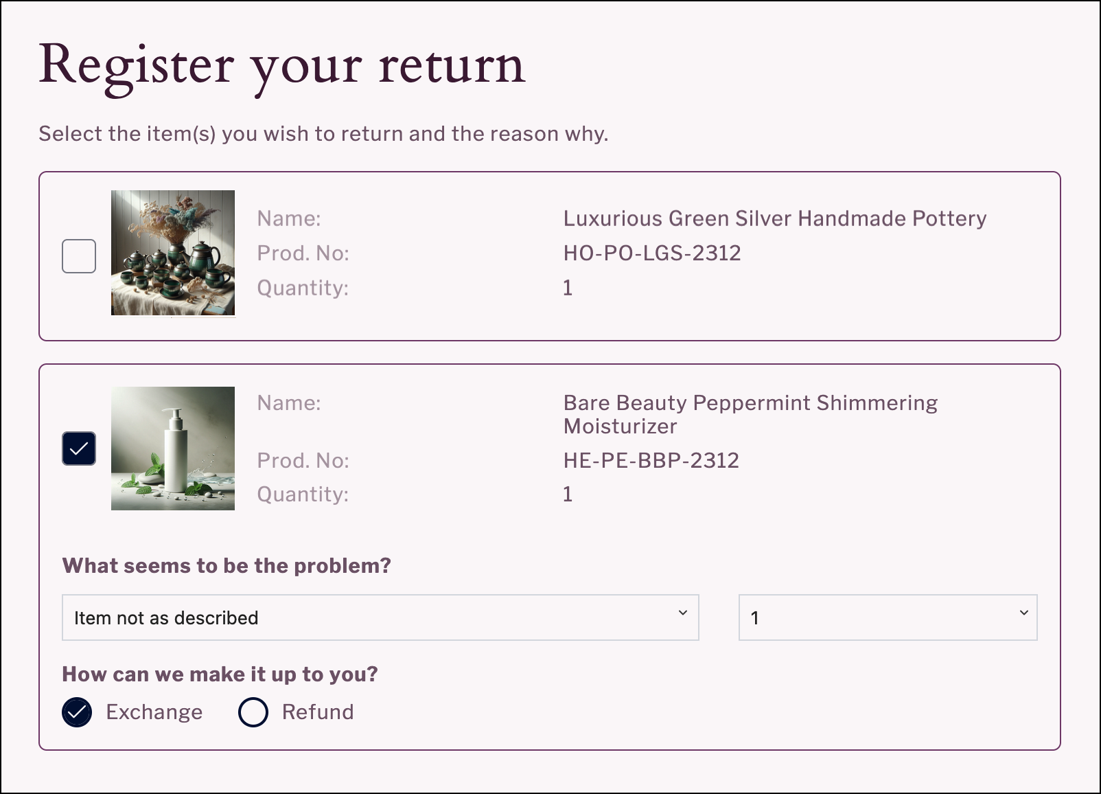 Free gift selectable for return in the Returns Portal