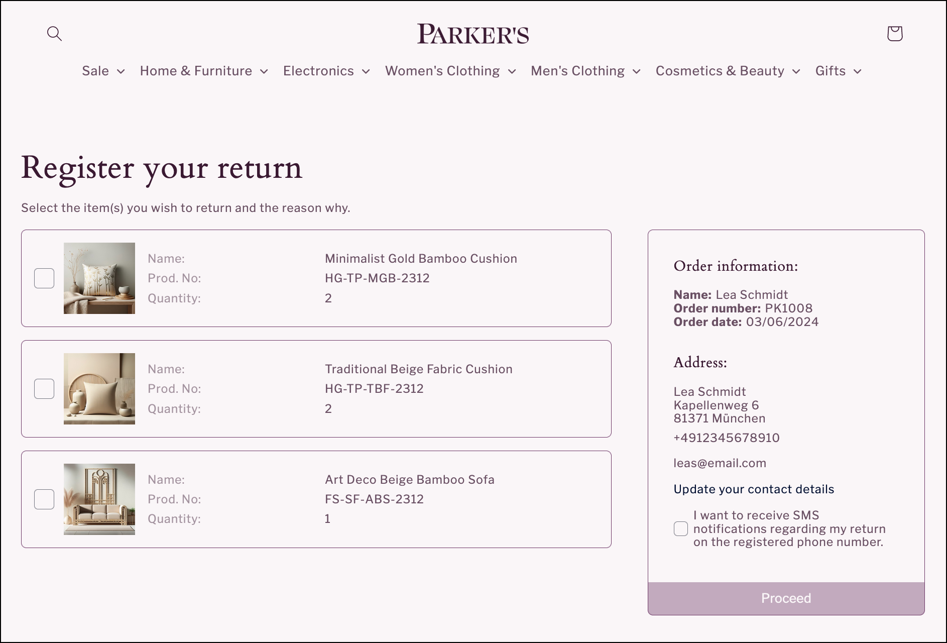 Item selection page with selectable list of items in the order and customer information including address and contact details.