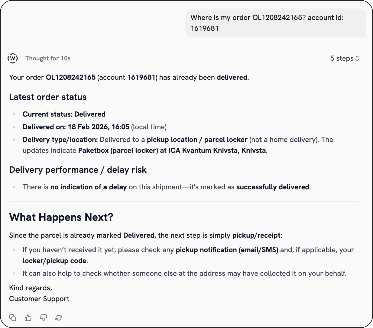 Example chat with wismo agent