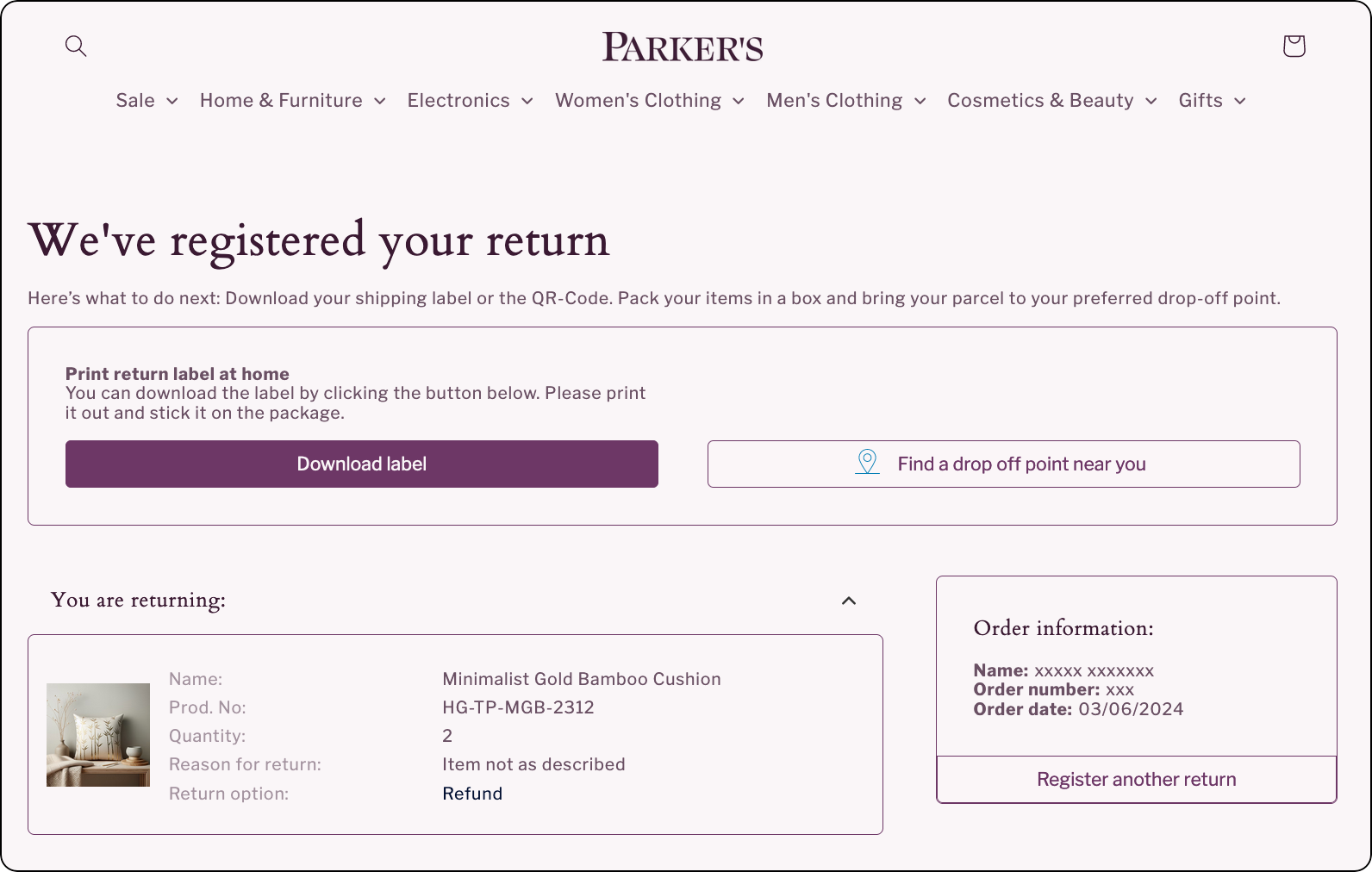 Return confirmation page with generated return label available for download