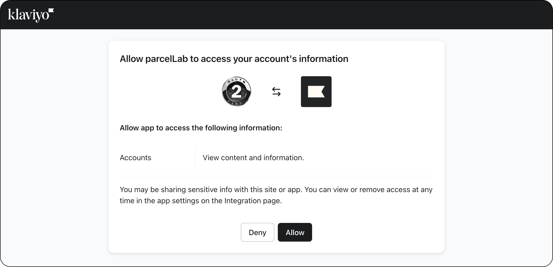 Klaviyo account authorization page