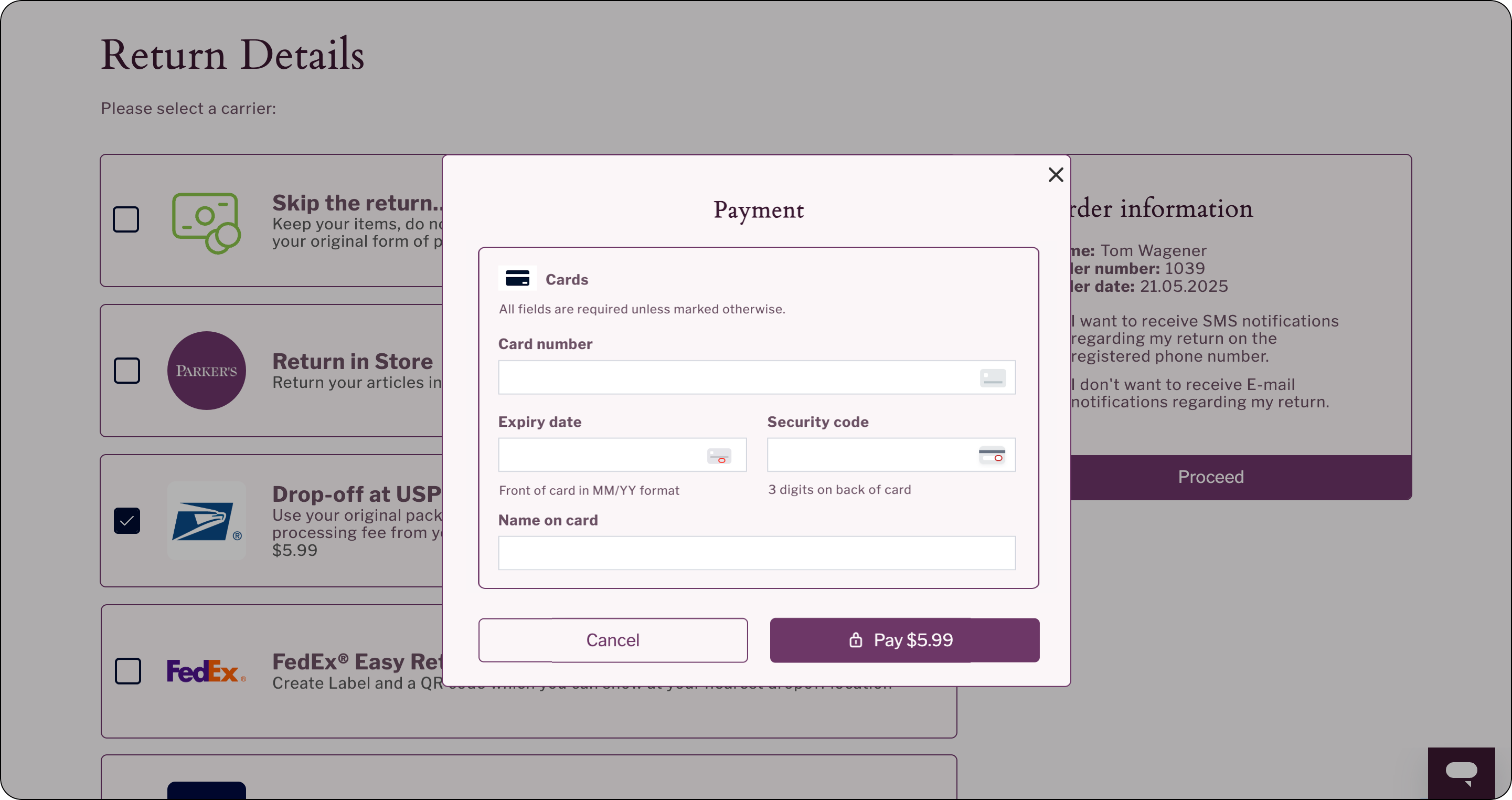 Popup window for entering payment details on the carrier selection page