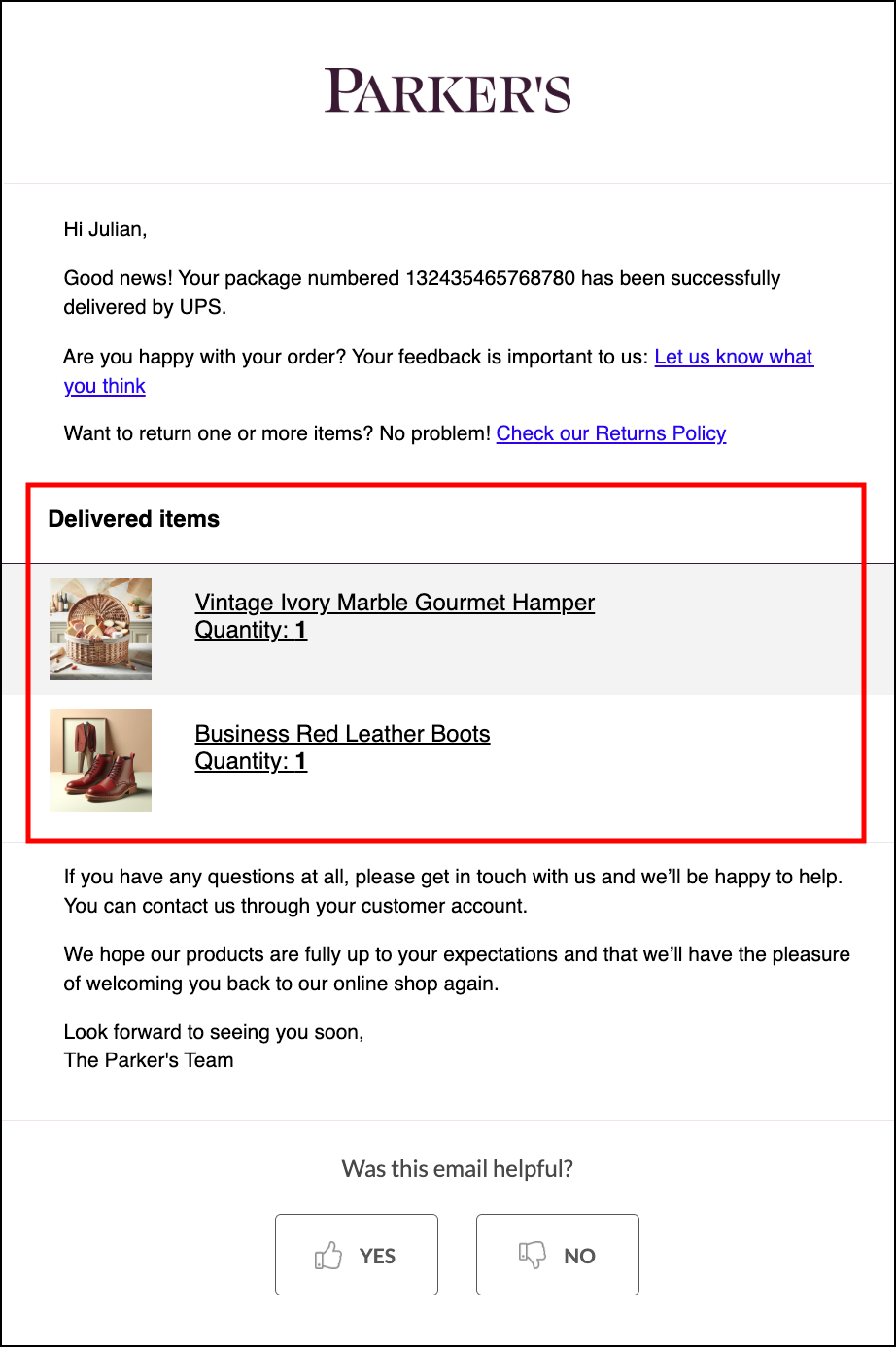 Email with list of purchased products