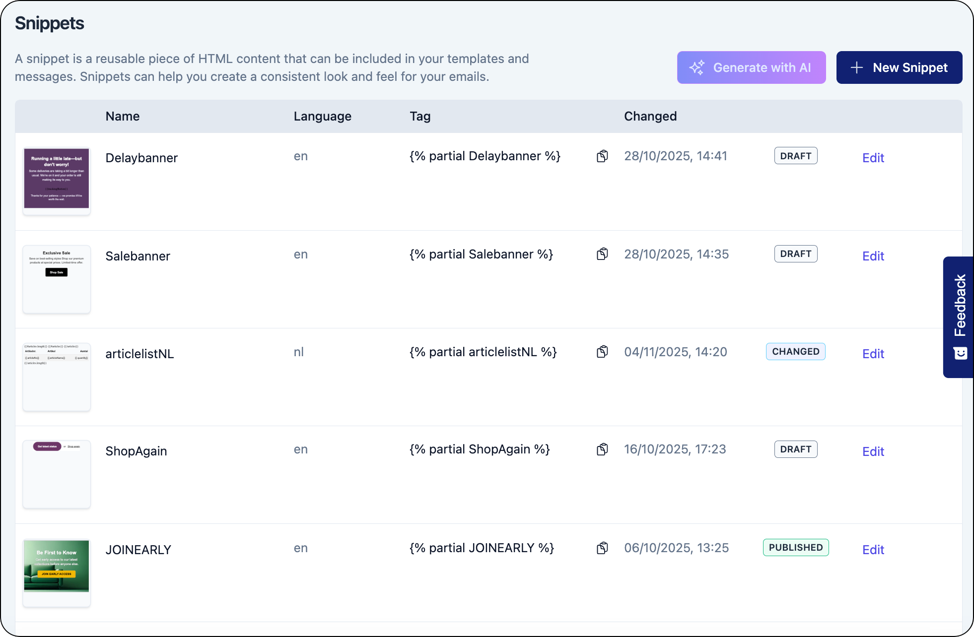 Configured reusable snippets