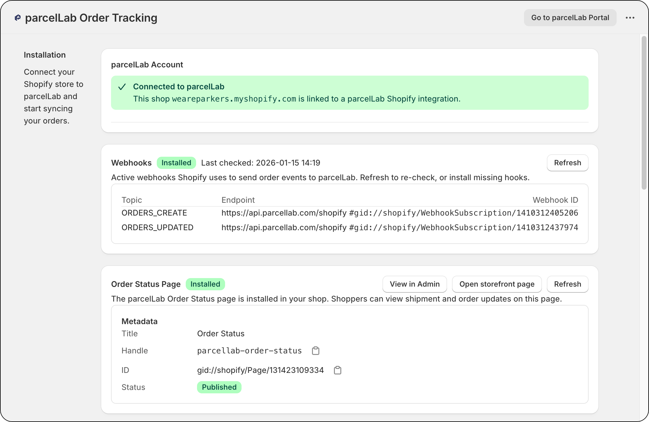 parcelLab Order Tracking Settings page showing successful connection of account, order data and order status page