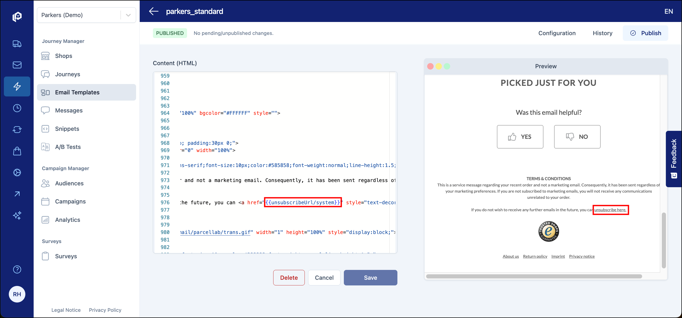 Email layout configuration highlighting unsubscribe placeholder in HTML template and rendered email preview side by side.