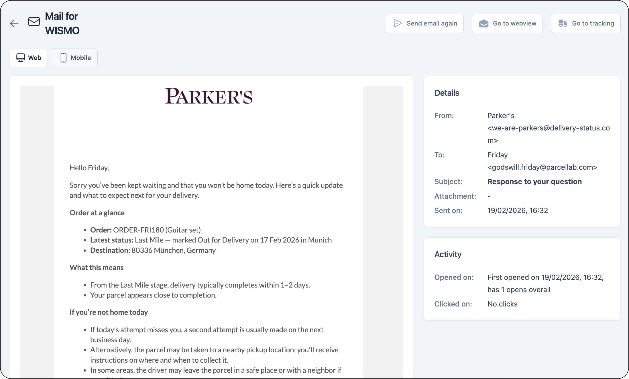 Message record in the parcelLab App for the email sent by the wismo agent 