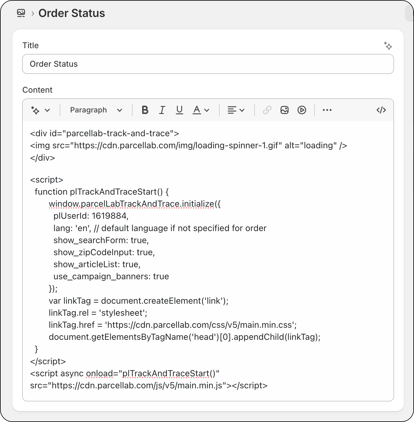 Order status page HTML snippet