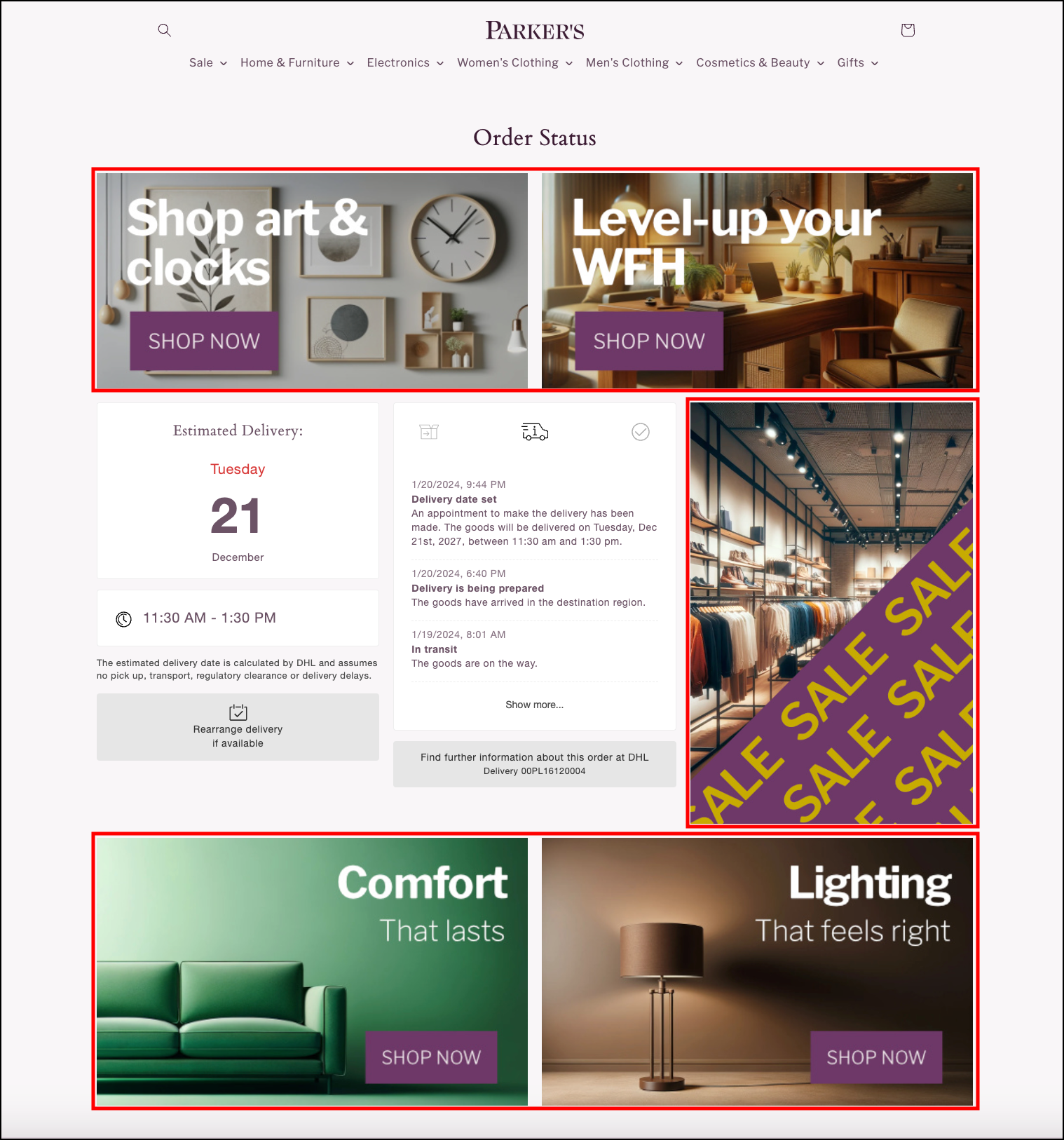 Order Status page with five campaign banners displayed