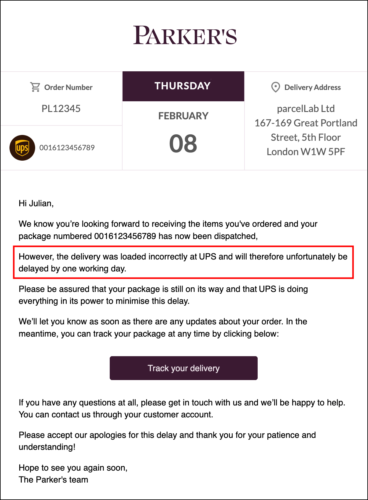 Carrier delay reason placeholder highlighted in email