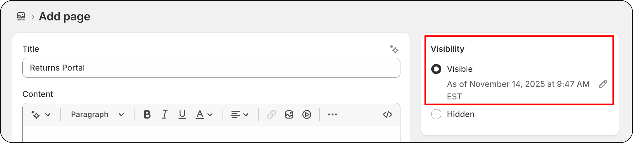 Visibility option highlighted
