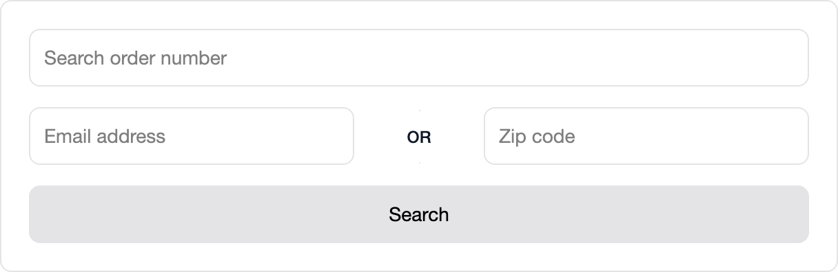Order search form with order number, email address and zip code input fields