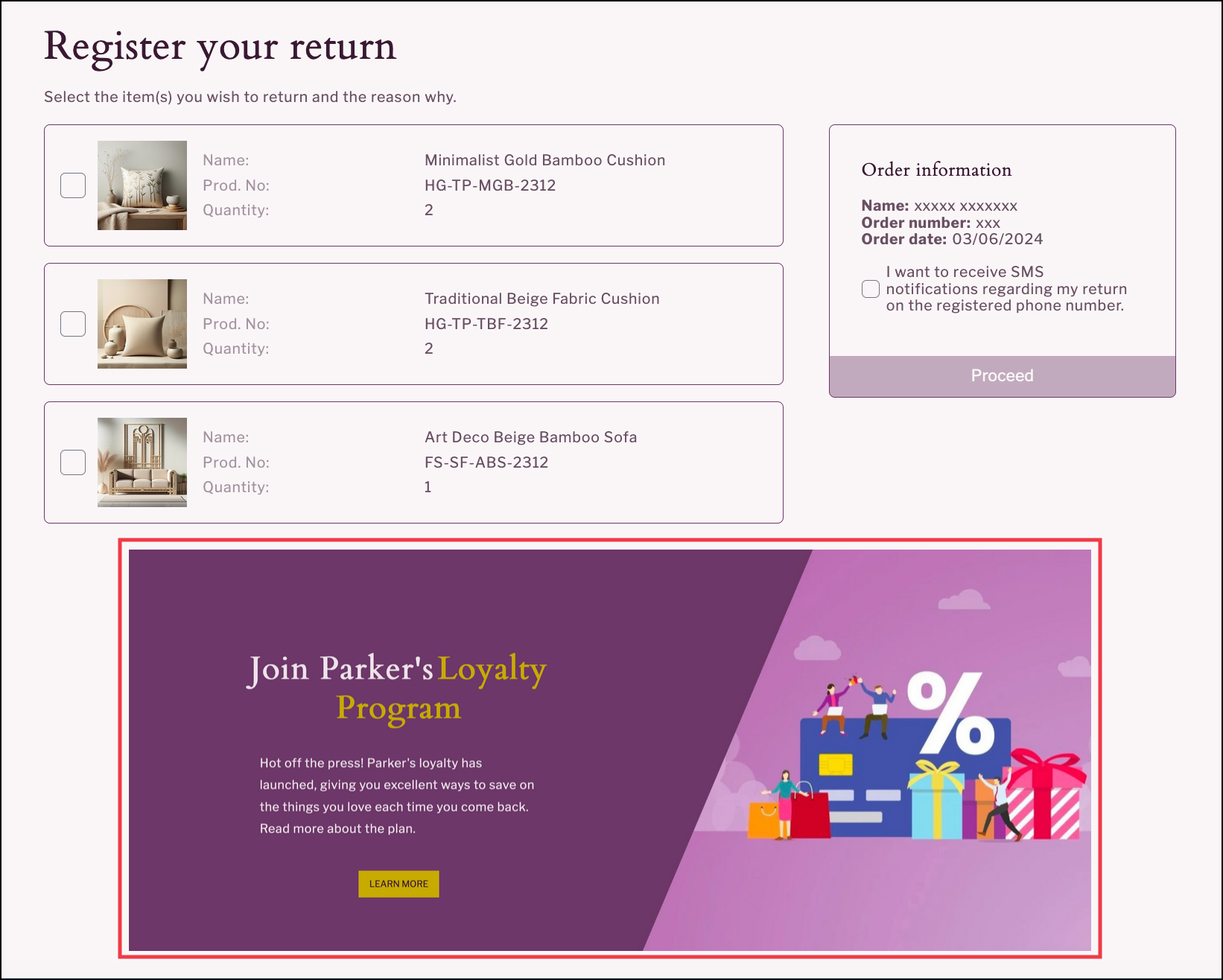 Returns Portal item selection page with banner displayed