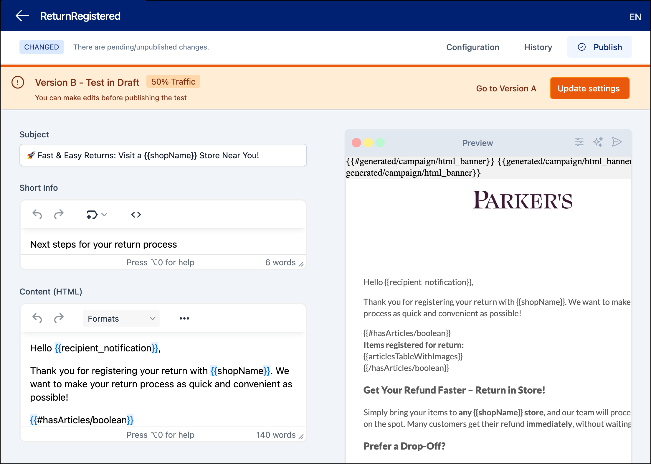 Message editor view for test message variant