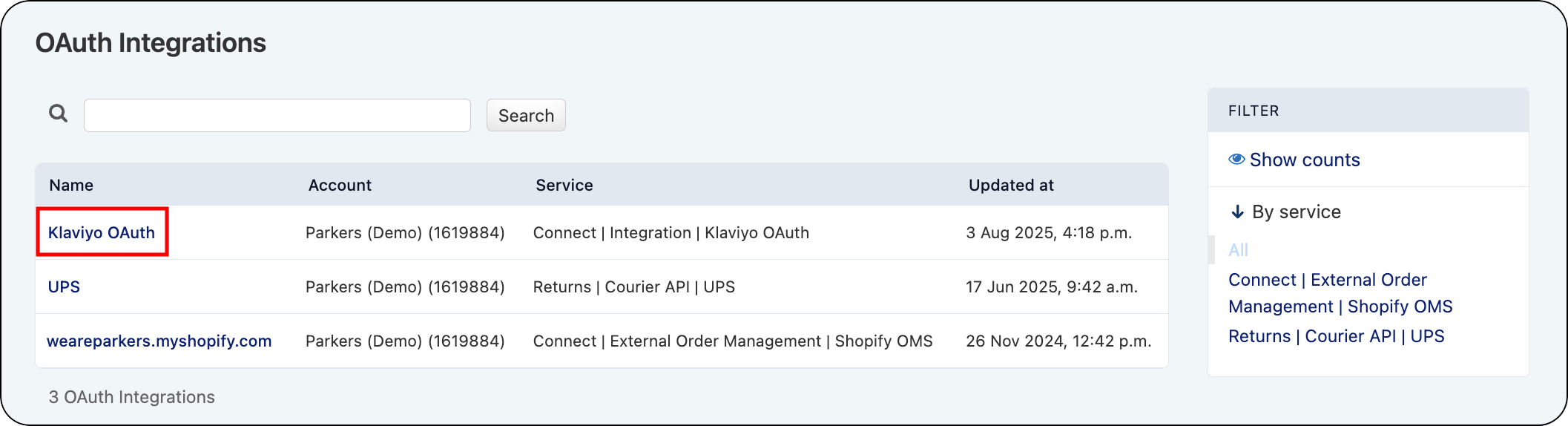 Klaviyo OAuth integration highlighted in integrations list