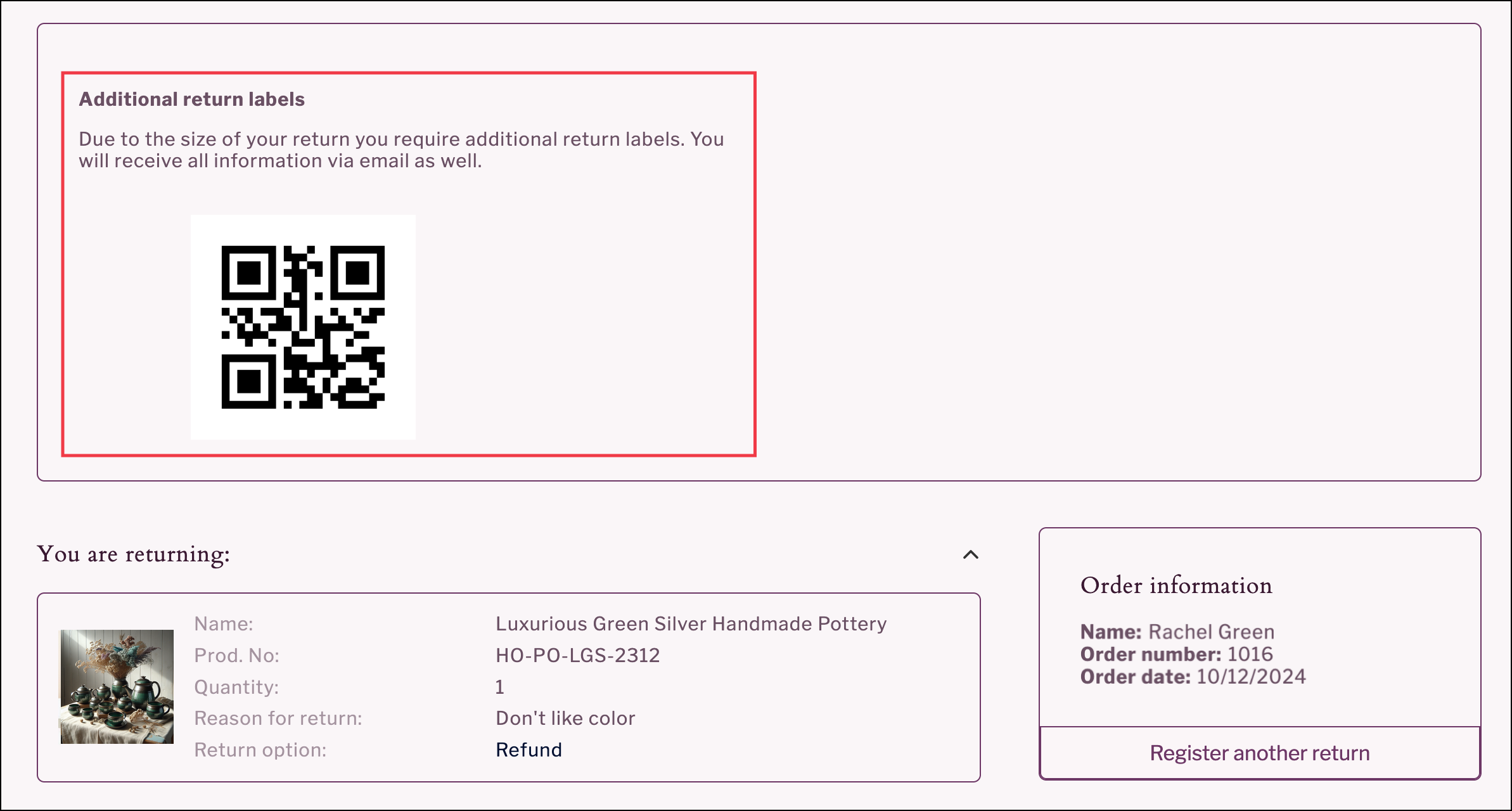 Additional return label section on return confirmation page