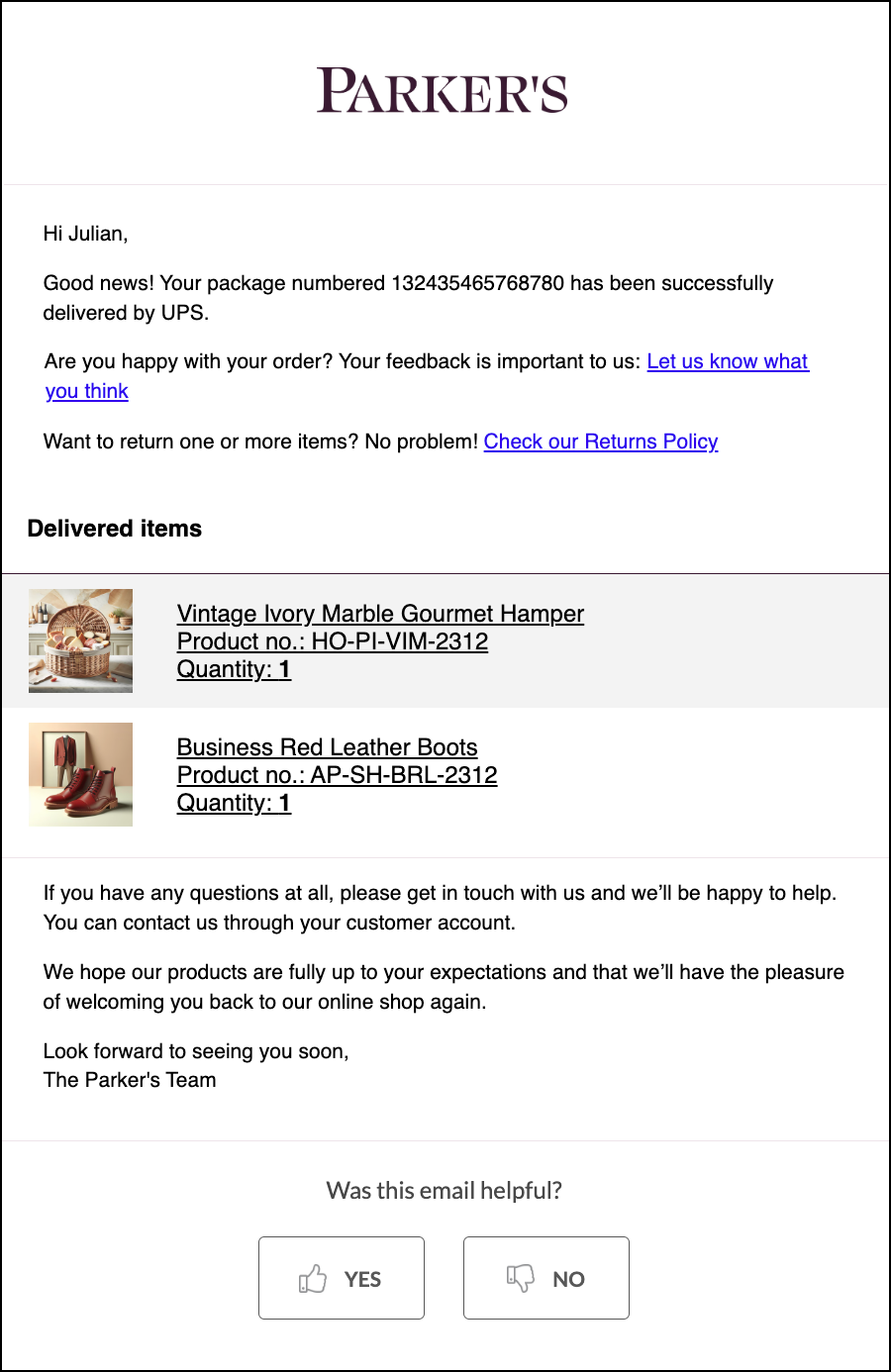 Delivered email example with order summary and link to register a return
