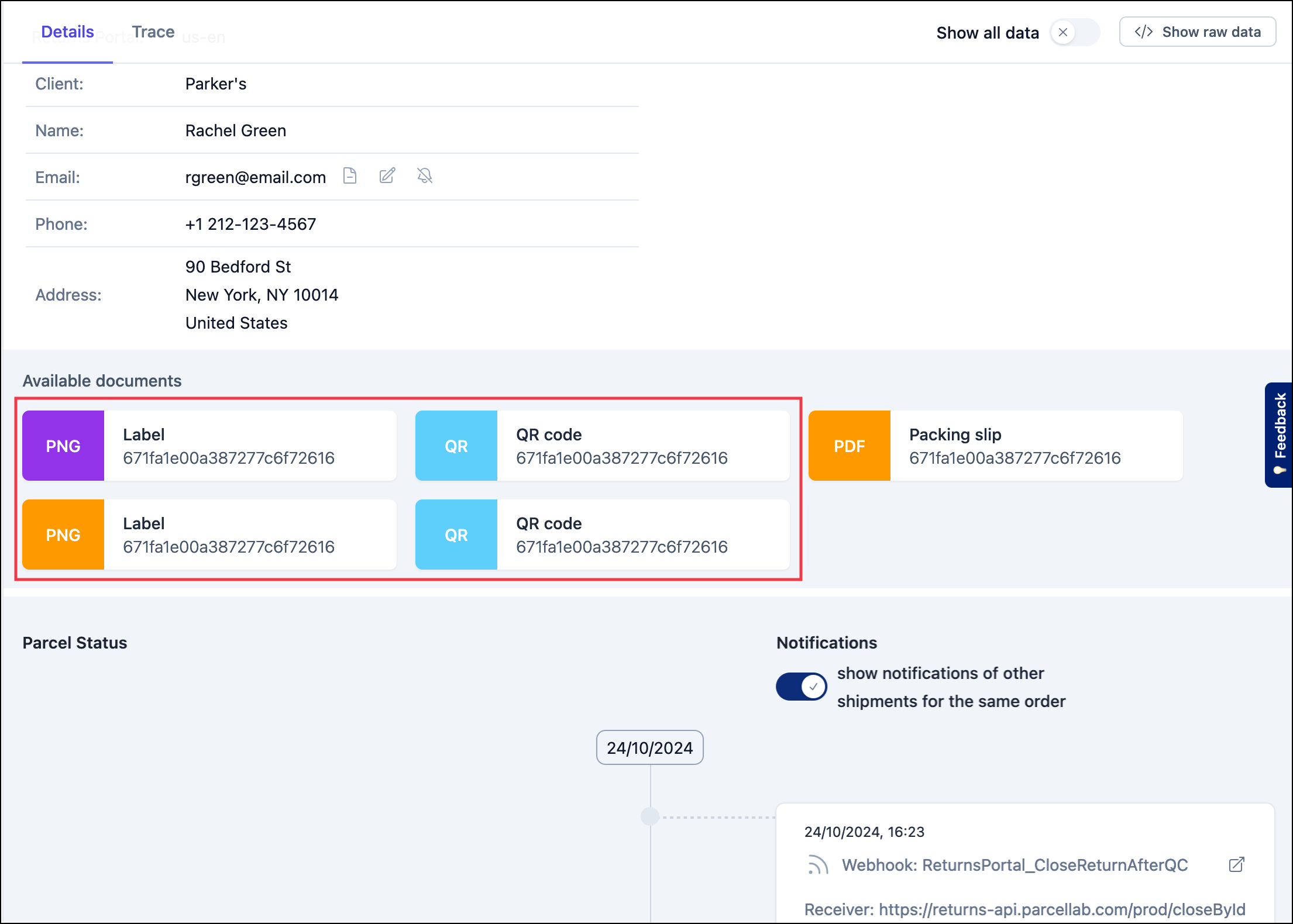Return tracking record details with downloadable documents