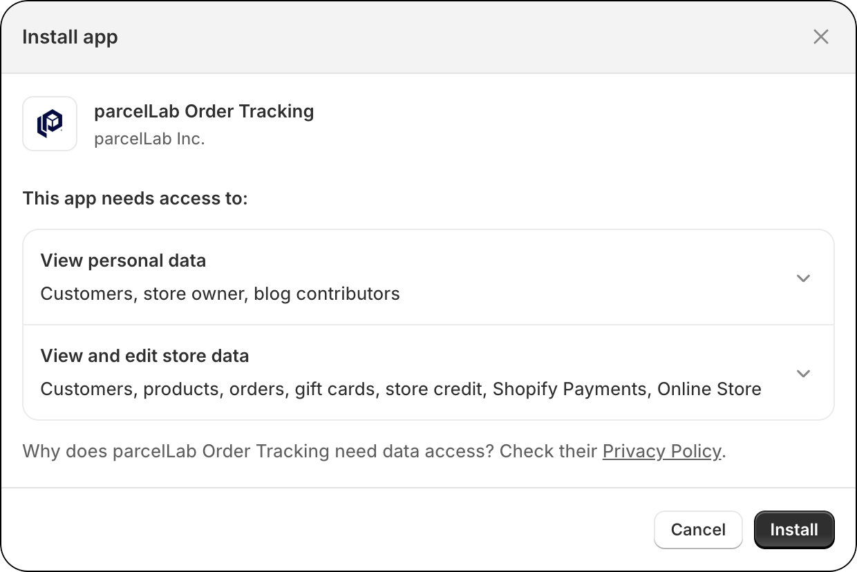 Install app page for the Order Tracking app