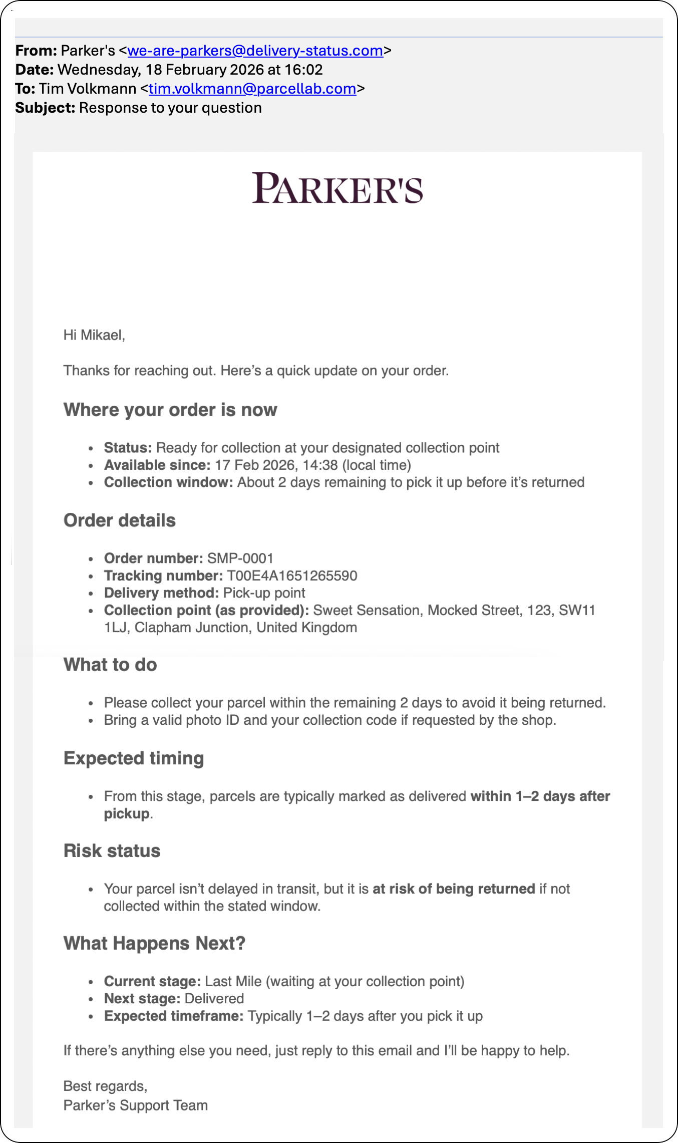 Example email response automated via the wismo agent